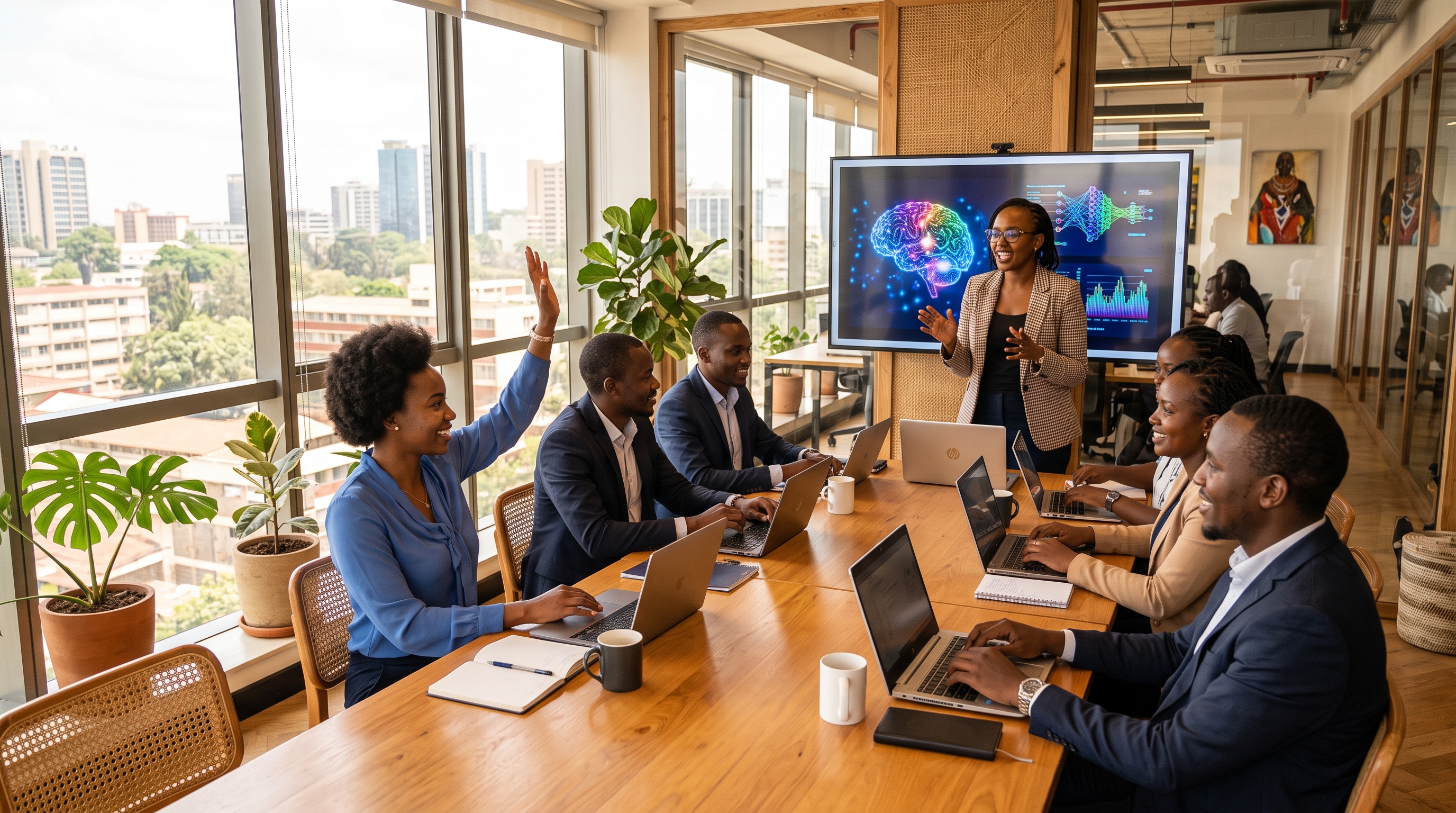 A team learning together in a practical AI workshop